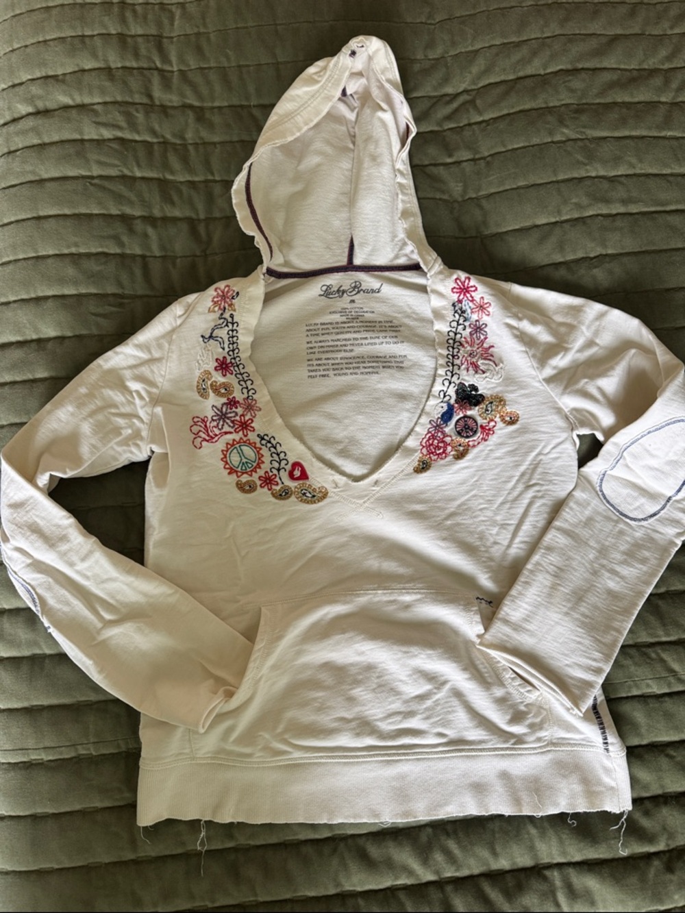 Lucky Brand Cream Hooded Sweatshirt with Floral Embroidery Vintage